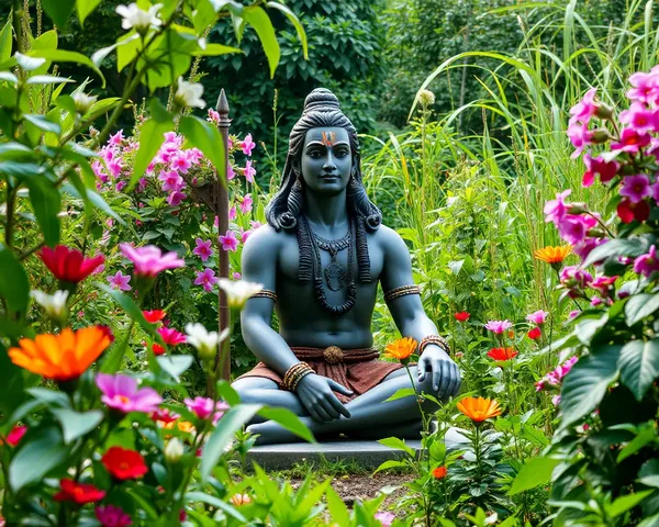 Mahadev in Peaceful Garden with Blooming Flowers Background