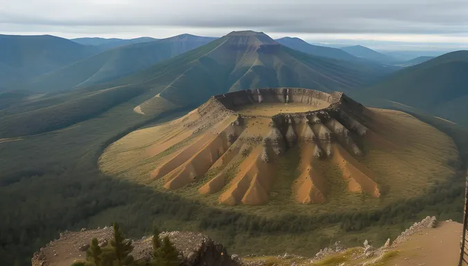 Majestic Ancient Extinct Volcano in Misty Forest Landscape