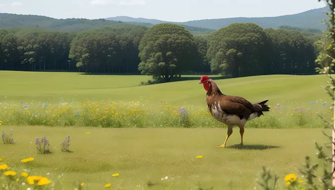 Majestic Aseel Struts in Lush Green Meadow with Wildflowers