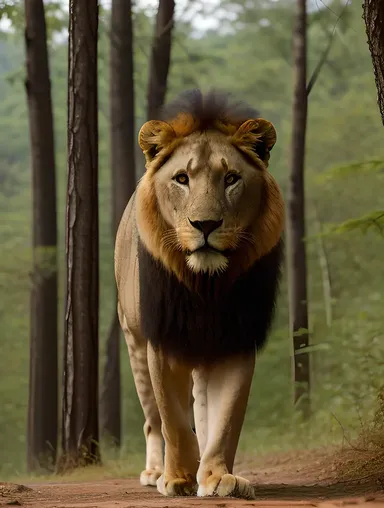 Majestic Asiatic Lion in Dense Forest Glory