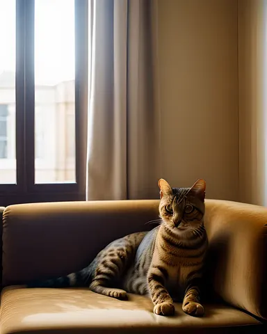 Majestic Bengal Cat Relaxes on Luxurious Velvet Couch