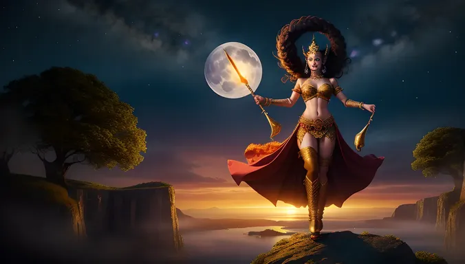 Majestic Bhadrakali Goddess of Time and Destruction on Cliff Overlooking Forest