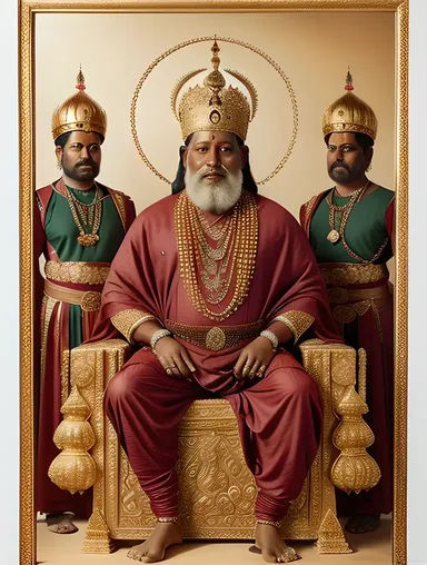 Majestic Bindusara on Throne with Loyal Guards and Advisors
