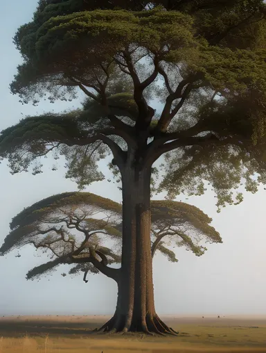 Majestic Buke Tree Stands Tall in Misty Forest Landscape