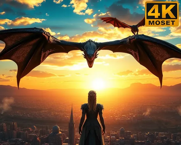 Majestic Daenerys Targaryen with Dragon Against Sunset Backdrop.