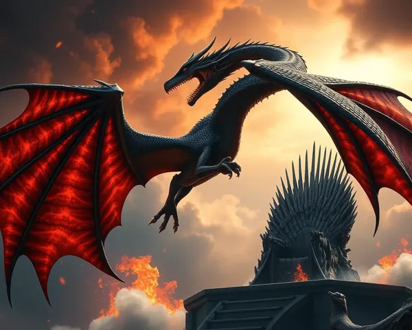 Majestic Dragon Soars Through Fiery Sky with Iron Throne