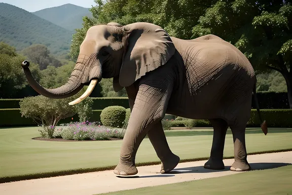 Majestic Elephant Crosses Beautiful Garden Landscape