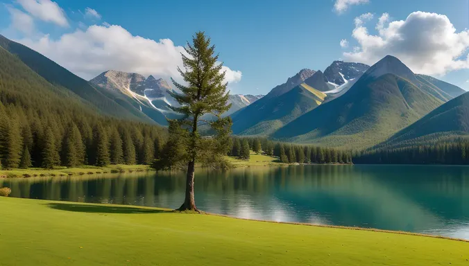 Majestic Fir Tree Overlooks Serene Mountain Lake