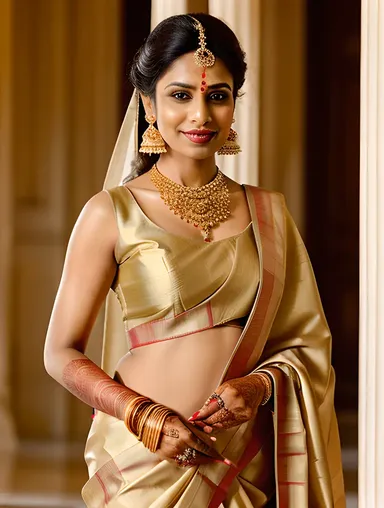 Majestic Indian Bride in Regal Gold and Cream Saree