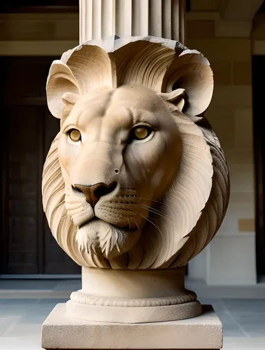 Majestic Lion's Head Stone Carving on Ornate Pedestal