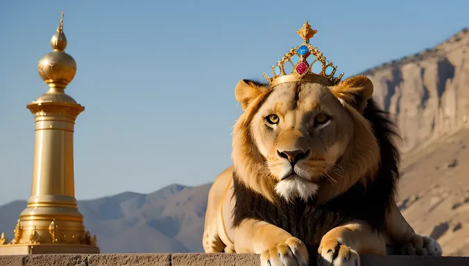 Majestic Lion's Head Wears Bindusara Crown on Golden Throne