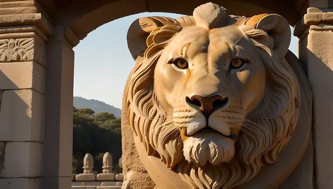 Majestic Lion Head Adorns Ancient Temple Entrance with Intricate Details