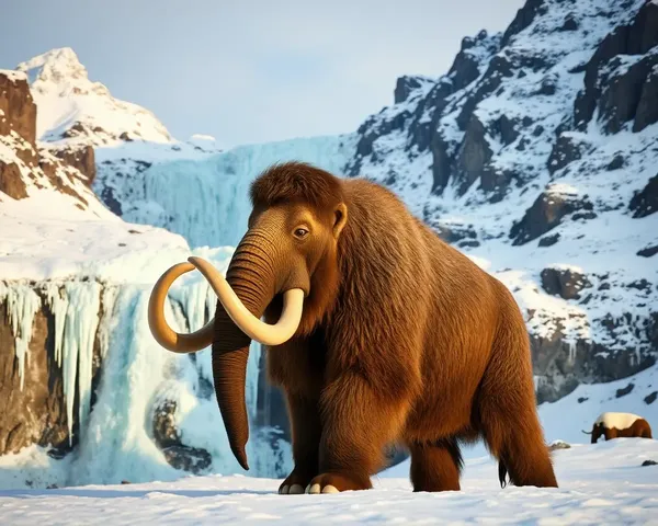 Majestic Mammoth in Front of Frozen Waterfall