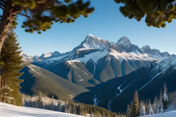 Majestic Mountain Range Features Snowy Peaks Forests