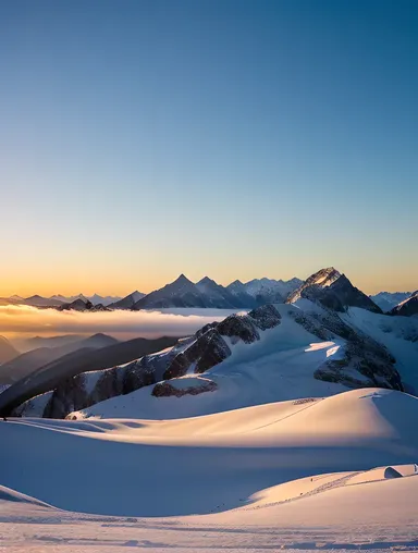 Majestic Mountain Range Sunrise Golden Glow Snow-Capped Peaks Image