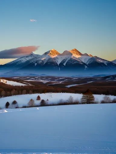 Majestic Mountain Range at Dawn with Golden Glow and Wispy Clouds