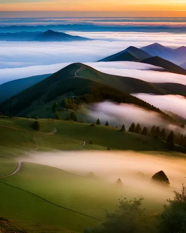 Majestic Mountain Range at Sunrise with Misty Valley Below