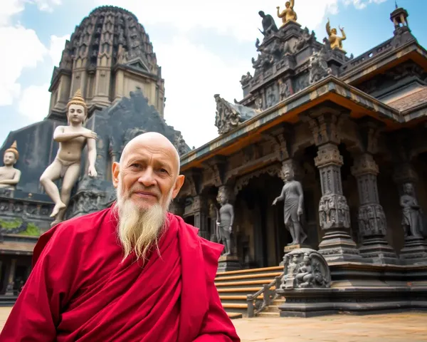 Majestic Old Monk in Front of Ancient Temple