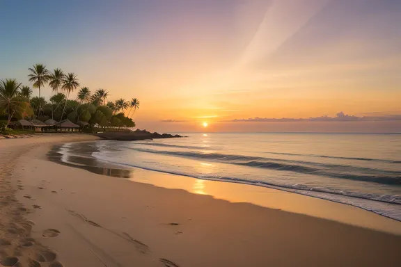 Majestic Palm Trees Stand Tall at Serene Beach Sunset