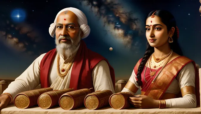 Majestic Portrait of Varahamihira with Celestial Bodies and Manuscripts