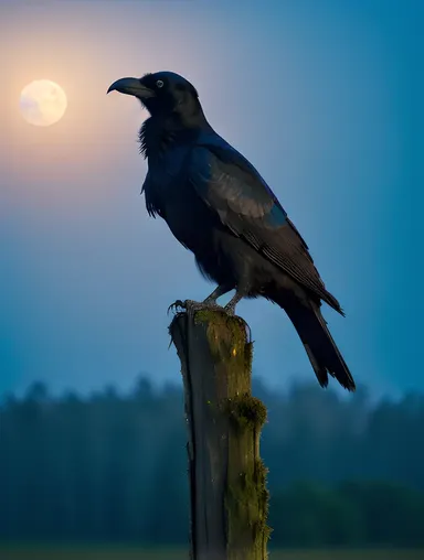 Majestic Raven Bird Perched on Dead Tree Branch at Night