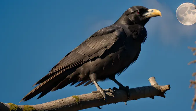 Majestic Raven Perched on Gnarled Tree Branch at Night