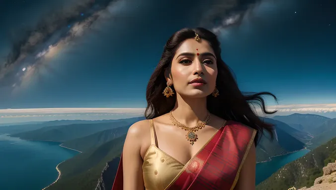 Majestic Satyabhama Standing on Mountain Peak with Regal Presence.
