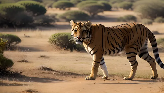 Majestic Tigon Roams Savannah in Vibrant Colors