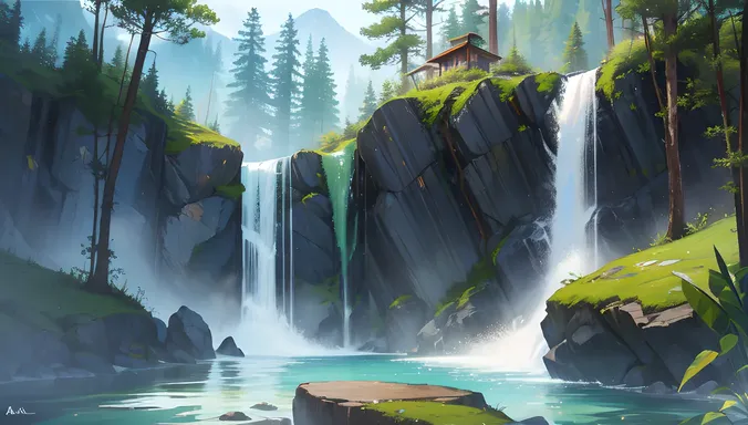 Majestic Waterfall Amidst Lush Green Forest Forms Misty Veil