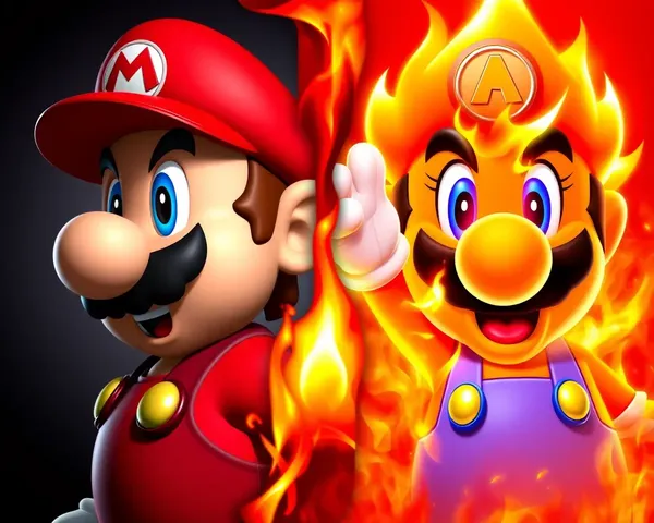 Mario's Normal and Fire Forms with Flame Burning in Background