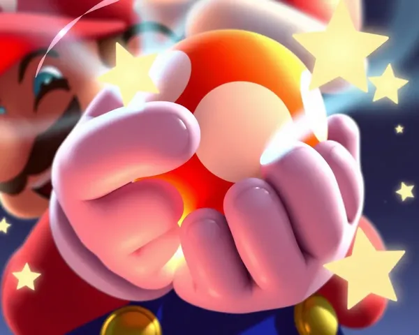 Mario Holds Mushroom with Power Stars Glowing Around Him