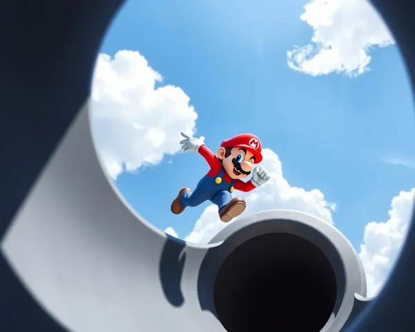 Mario Jumps Through Pipe with Bright Blue Sky and White Clouds