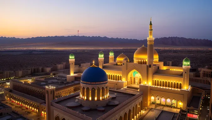 Masjid Nabawi Aerial View at Sunset with Cityscape