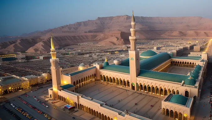 Masjid Nabawi Aerial View with Cityscape Background
