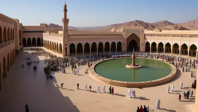 Masjid Nabawi Courtyard with People Around Zamzam Well