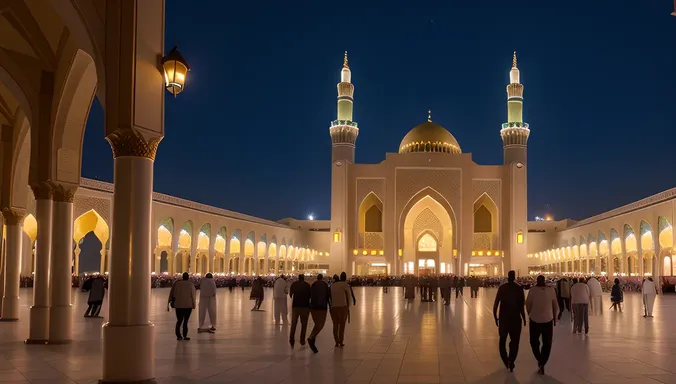 Masjid Nabawi Night View with Bright Exterior Lighting