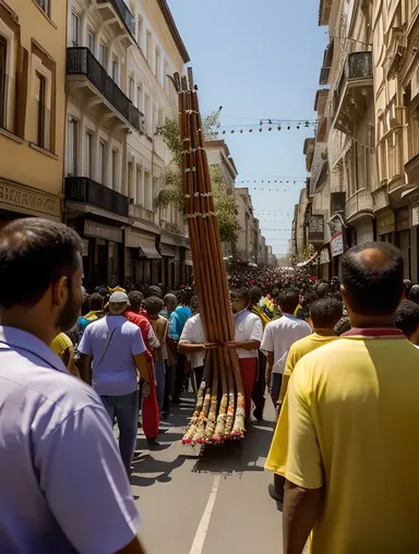 Massive Karaga Pole Carried Through Crowded Street with Music and Chanting