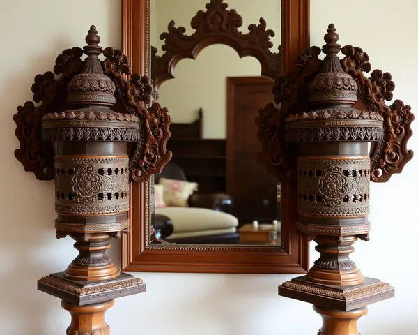 Matching Wooden Uyyalas Flanking Wooden Mirror