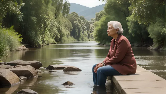 Mature Aunty's Contemplative Moment by the River