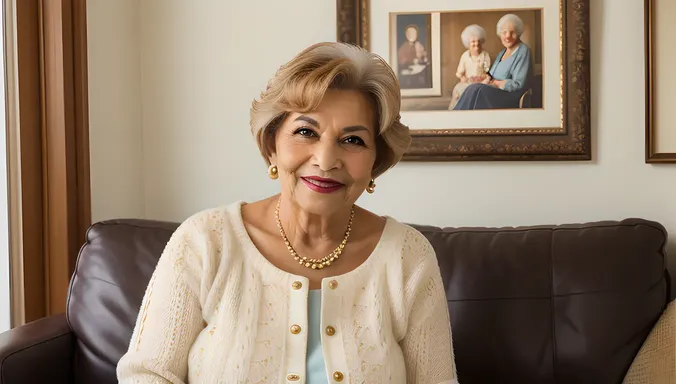 Mature Aunty's Cozy Living Room Portrait with Family Photos