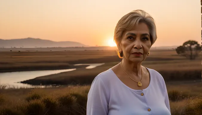 Mature Aunty's Dramatic Sunset Portrait with Strength