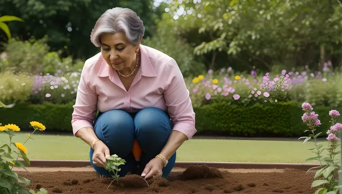 Mature Aunty's Vital Garden Activity with Blooming Flowers