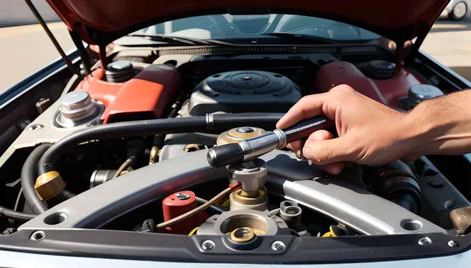 Mechanic's Hand with Undressing Tool Amidst Car Engine Chaos