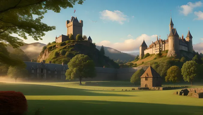 Medieval Fantasy Hostel Background with Castle and Dragon