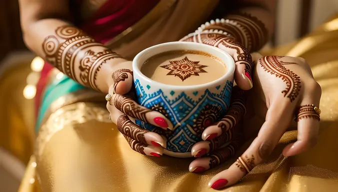 Mehndi-Adorned Hands Hold Steaming Hot Chai Cup
