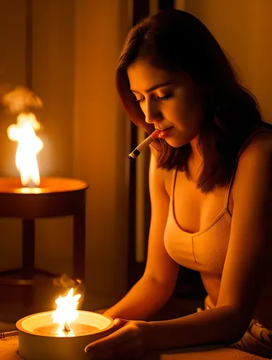 Melancholic Girl Smoking in Dim Room
