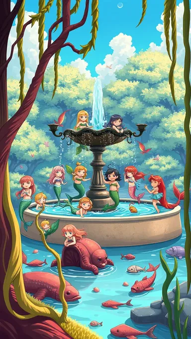 Mermaids and Mermen Play in Fountain with Sea Creatures