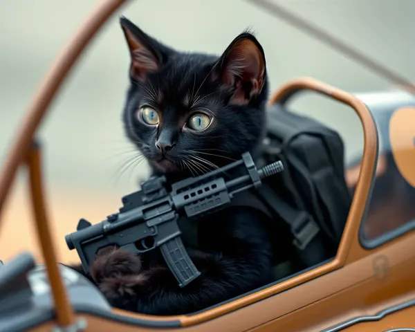 Miniature Commando Cat Perched on Toy Parachute