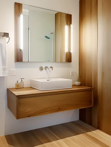 Minimalist Bathroom with Plywood Vanity and Sleek Sink