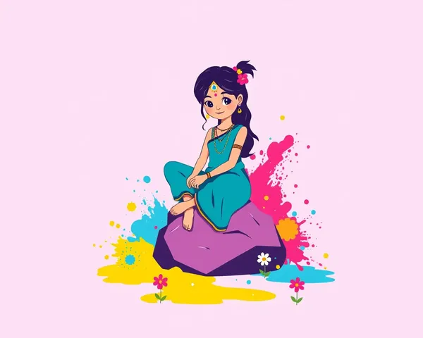 Minimalist Holi Girl with Colors and Flowers on a Rock